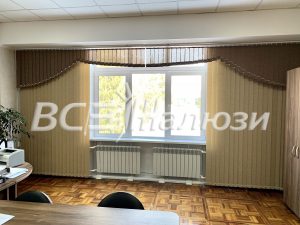 Коричневые вертикальные жалюзи с ламбрекеном по краям окна кабинета