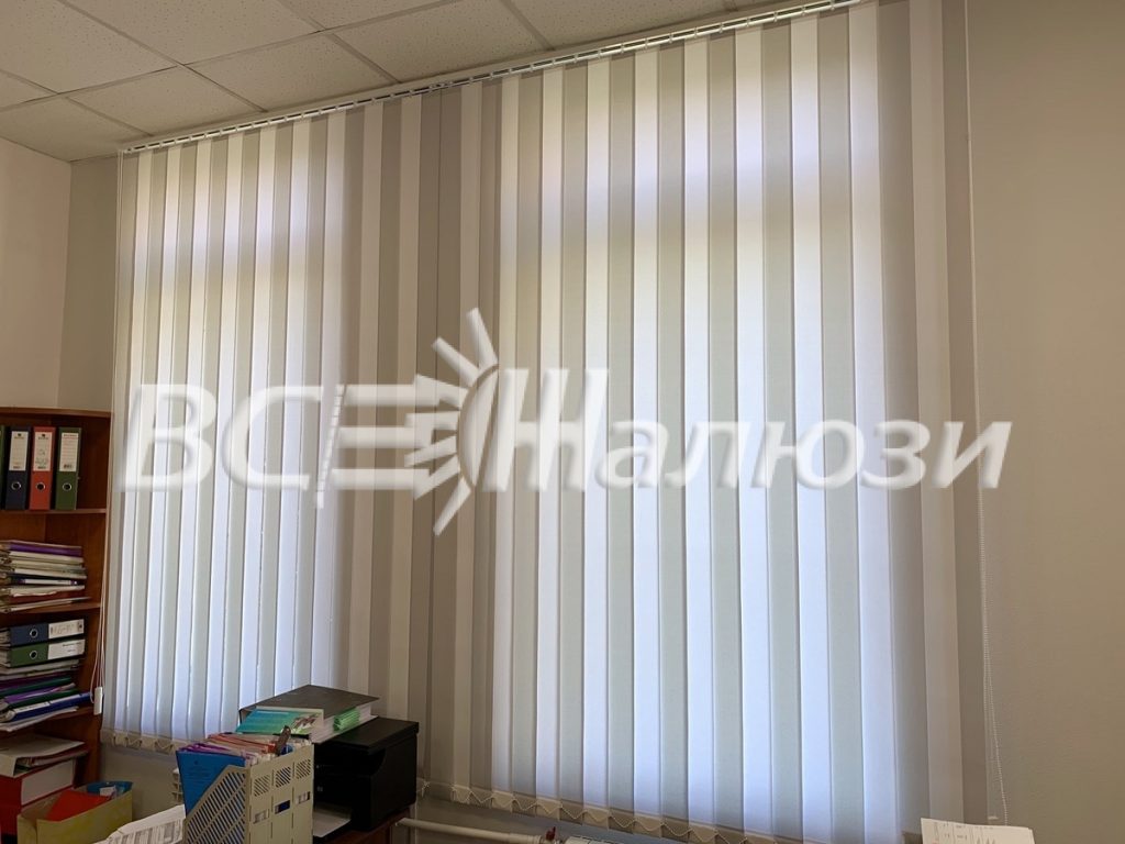Белые вертикальные жалюзи на широком окне кабинета с полками