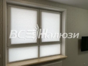 Белые полупрозрачные рулонные шторы на двухстворчатом окне