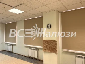 Бежевые рулонные шторы на окнах большого офисного помещения