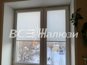 Белые рулонные шторы приподняты, за окном заснеженная улица