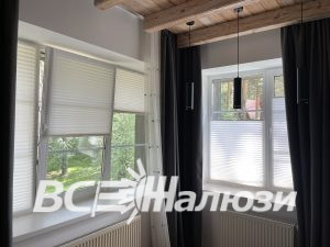 Комната с деревянным потолком, белые плиссе на двух окнах