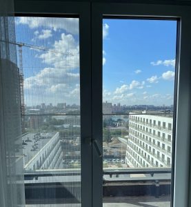 Москитная сетка плиссе на балконной двери, за окном крыши города