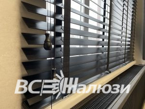 Чёрные ламели с тканевой лентой и деревянными тростями управления
