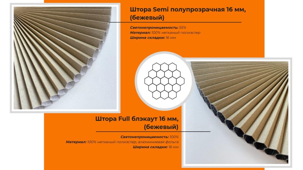 Образцы бежевой ткани штор гофре: Semi полупрозрачная и Full блэкаут, складка 16 мм
